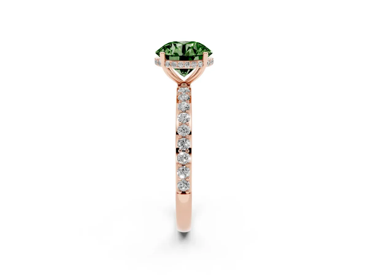 Fancy Green Round Cut Diamond Solitaire Ring with Pavé Band and Hidden Halo Rose gold