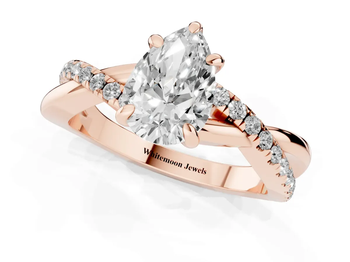 Pear Cut Cut Diamond Twist Band Solitaire with Prong Setting Rose gold