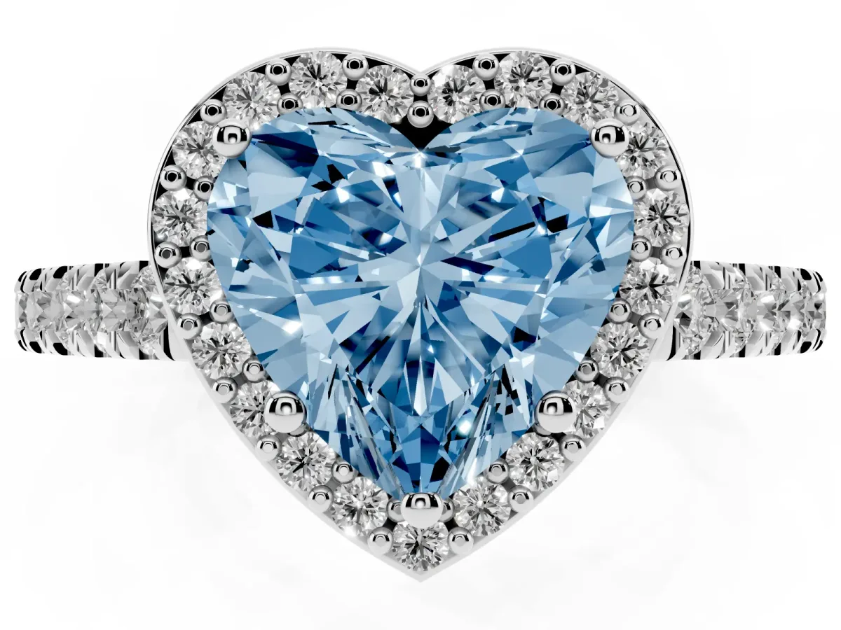 Fancy Blue Heart Cut Cut Halo Diamond Engagement Ring with Pave Band and Four-Prong Setting Silver