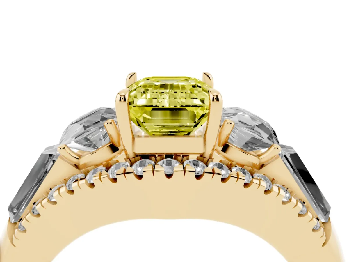 Fancy Yellow Three-Stone Emerald Cut Diamond Engagement Ring with Pave Band and Prong Setting Yellow gold