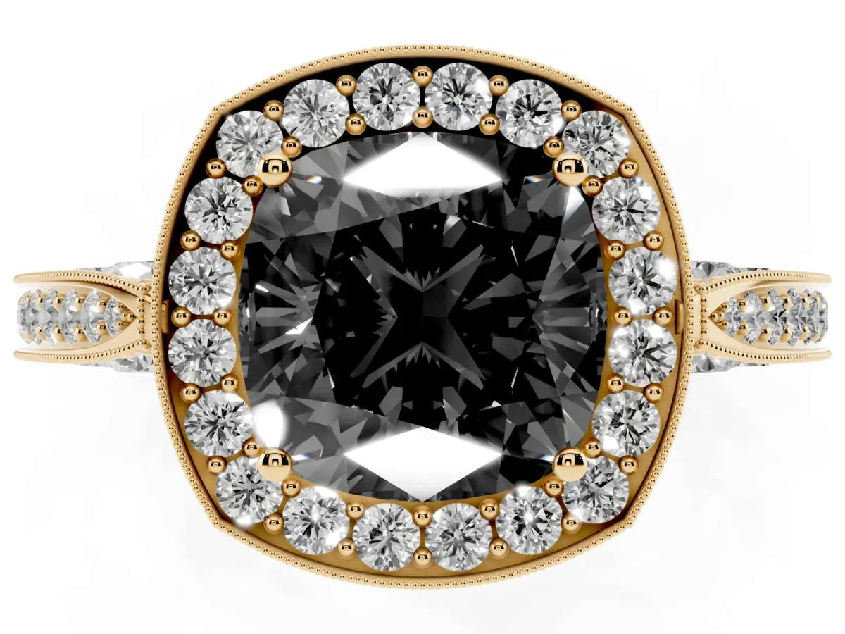 Fancy Black Cushion Cut Halo Diamond Engagement Ring with Split Shank Band and Four-Prong Setting Yellow gold