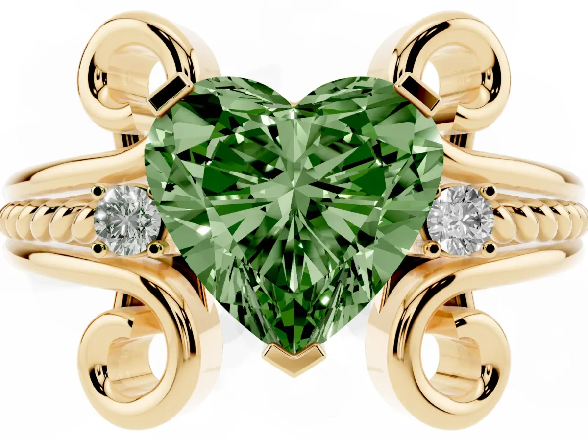 Fancy Green Heart Cut Solitaire Twisted Band Scroll Prong Ring Yellow gold