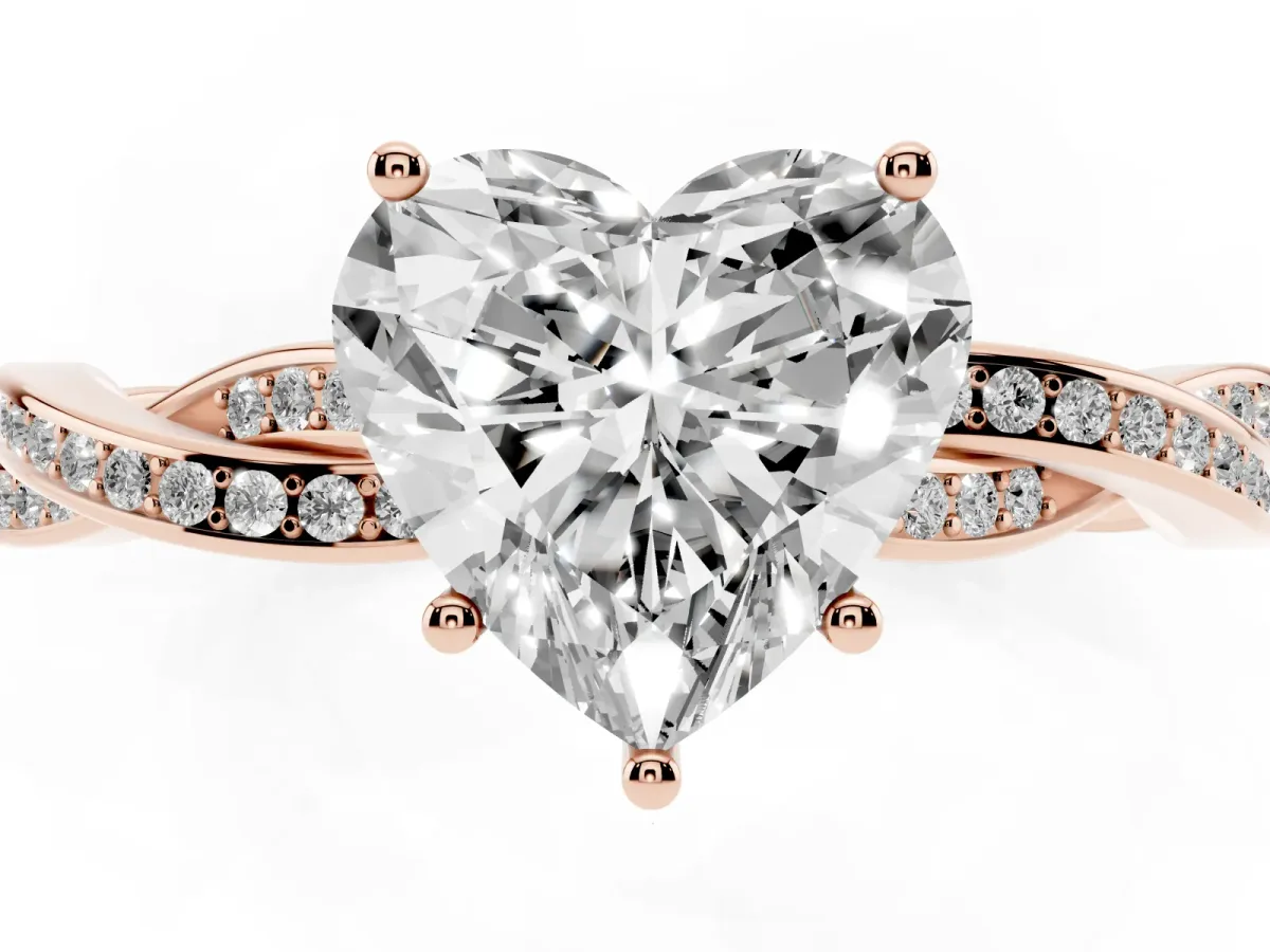 Heart Cut Solitaire Twisted Pave Diamond Ring with Four-Prong Setting Rose gold