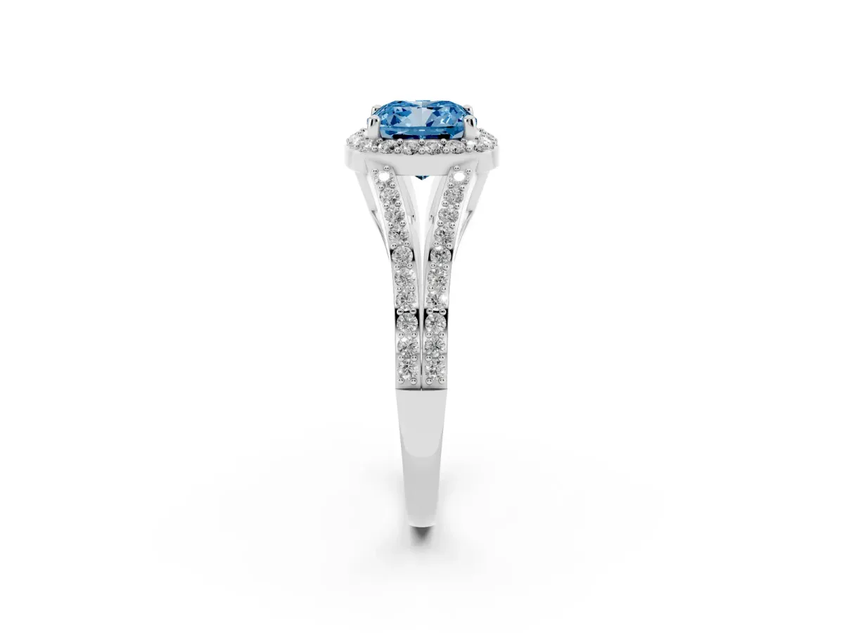 Fancy Blue Cushion Cut Halo Split Shank Diamond Ring with Prong Setting Silver