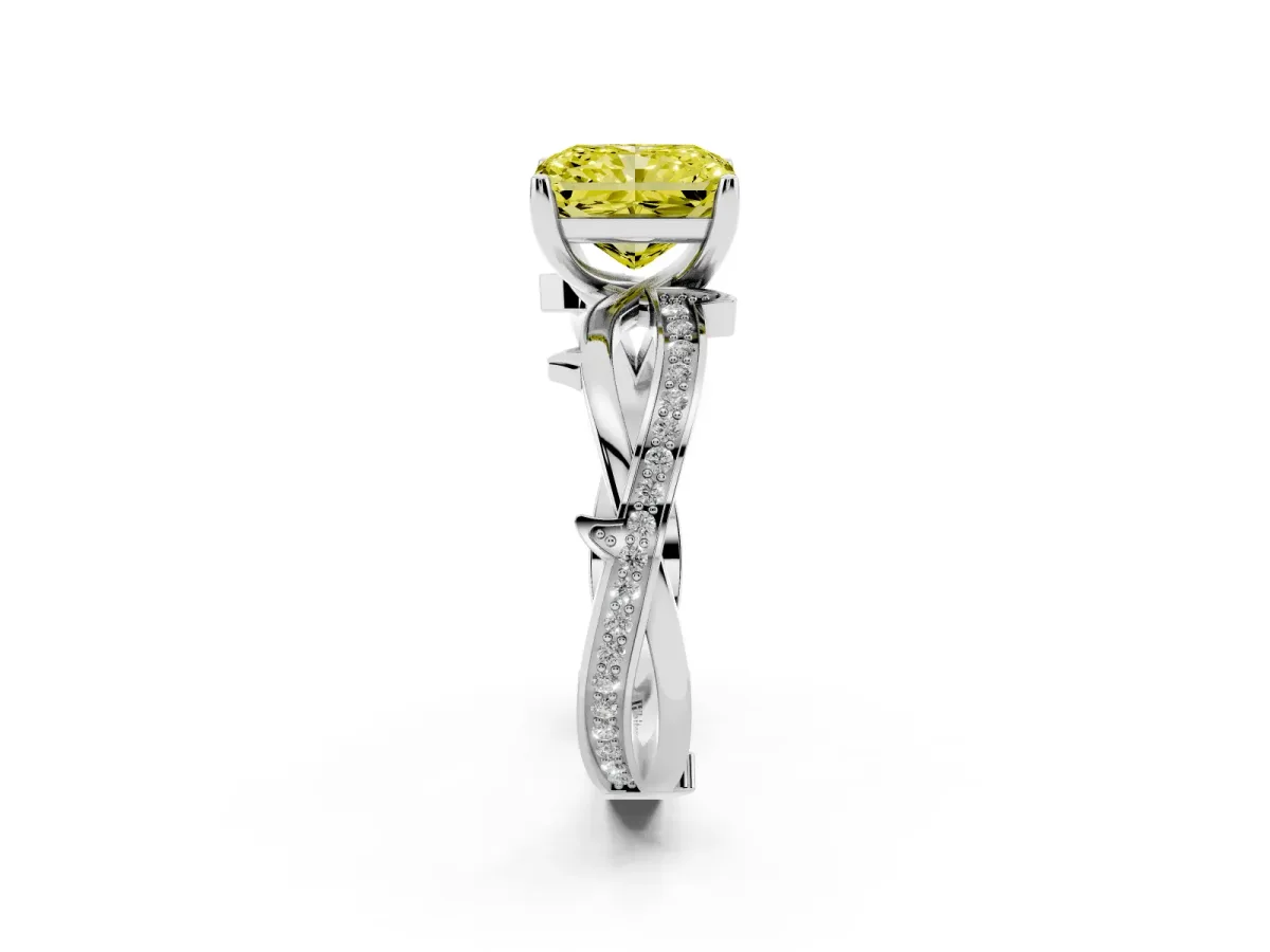 Fancy Yellow Radiant Cut Solitaire Twist Band with Pavé Accents and Four-Prong Setting White gold