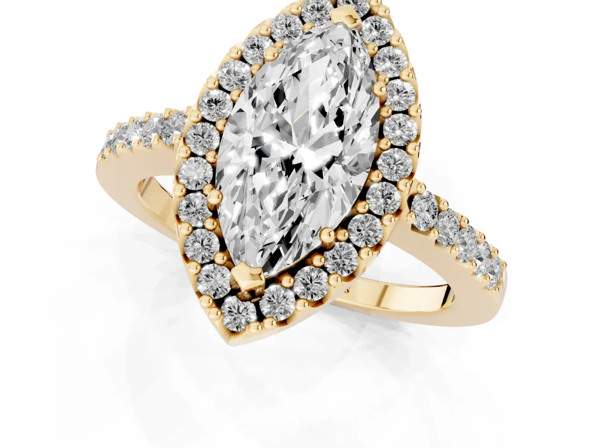 Marquise Cut Halo Diamond Pavé Solitaire Ring Yellow gold