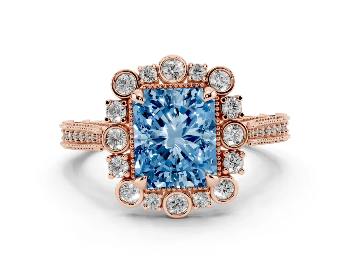 Fancy Blue Radiant Cut Halo Milgrain Pave Diamond Ring with Four-Prong Setting Rose gold