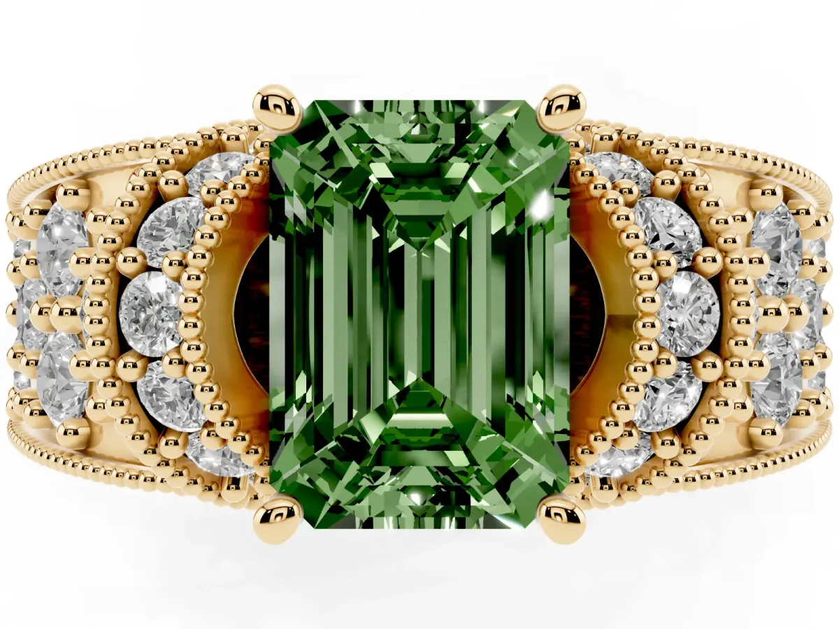Fancy Green Emerald Cut Halo Pave Diamond Engagement Ring with Milgrain Detailing Yellow gold