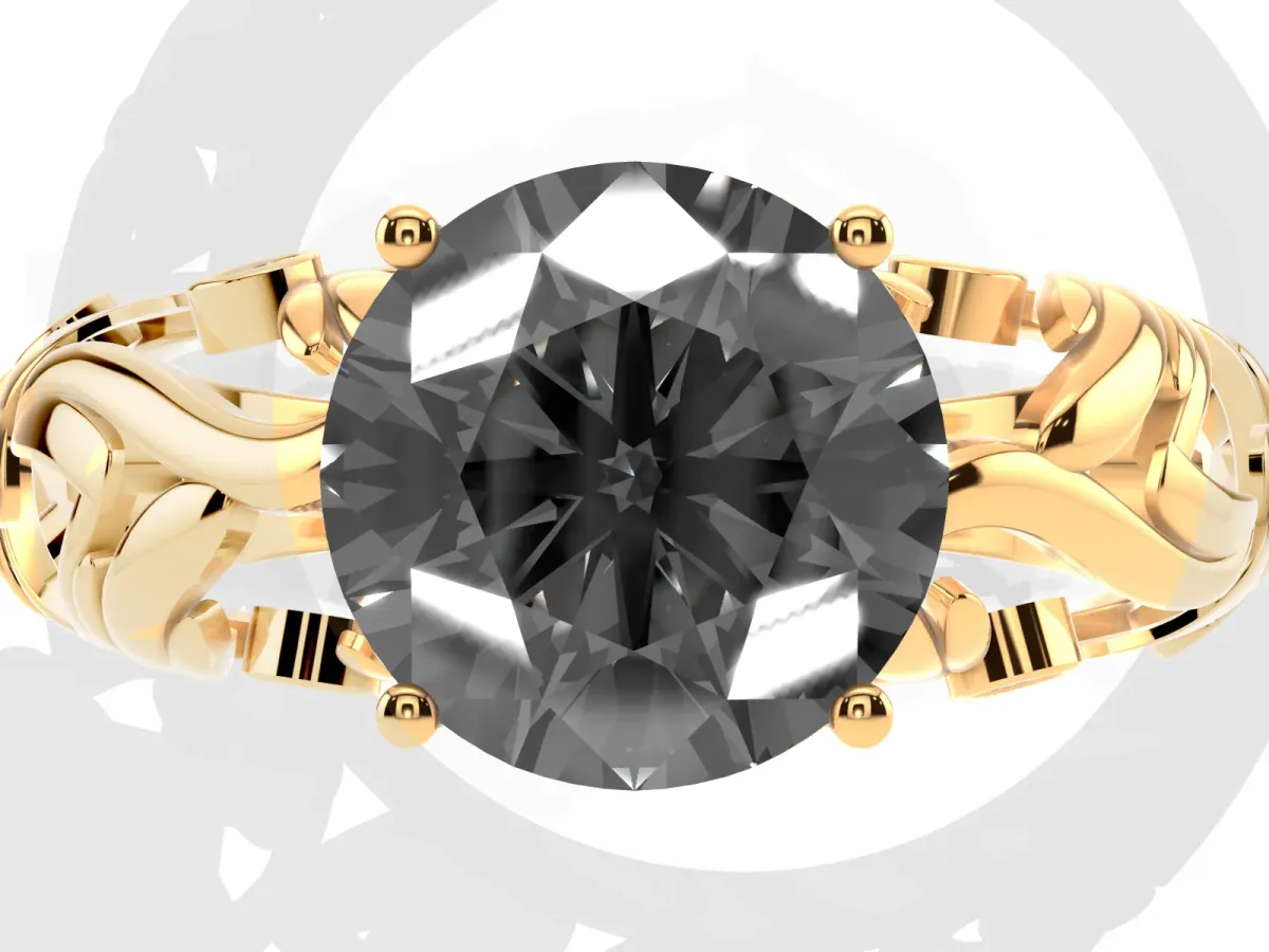 Fancy Black Round Cut Solitaire Diamond Leaf-Inspired Vine Band Ring with Prong Setting Yellow gold
