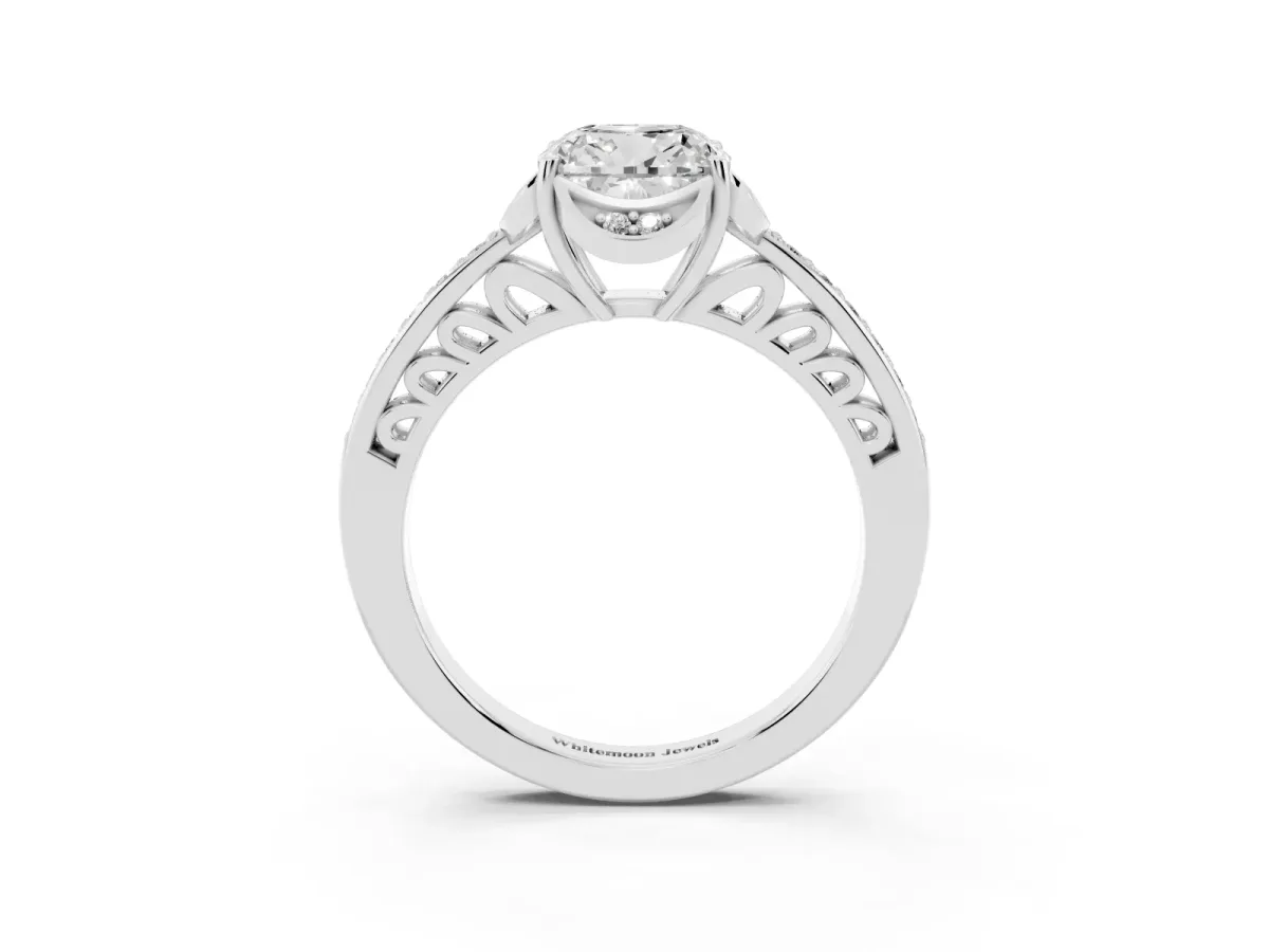 Cushion Cut Cut Halo Diamond Ring with Channel Set Band and Four-Prong Setting Platinum