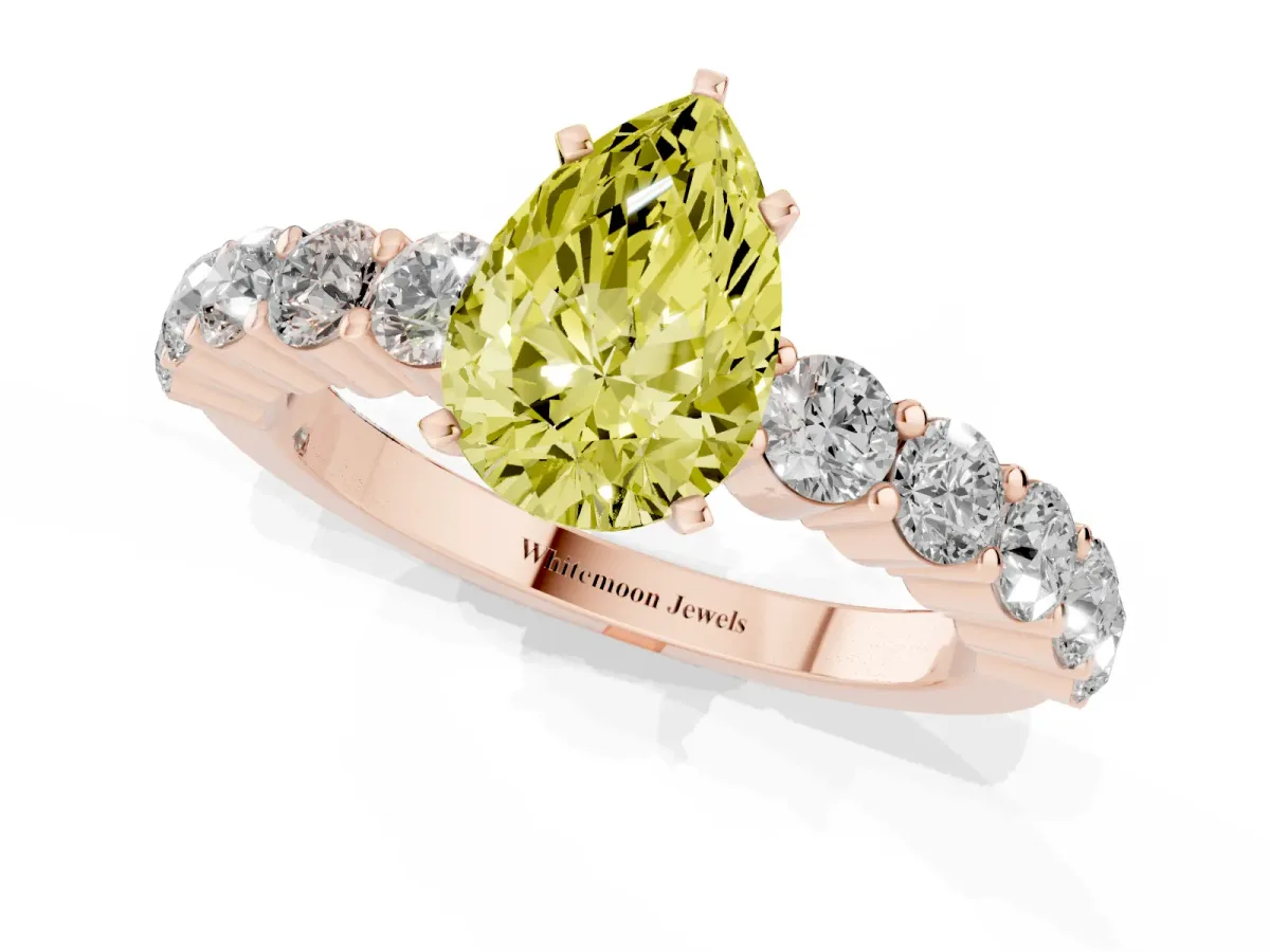 Fancy Yellow Pear Cut Diamond Solitaire Ring with Shared Prong Round Side Stones Rose gold