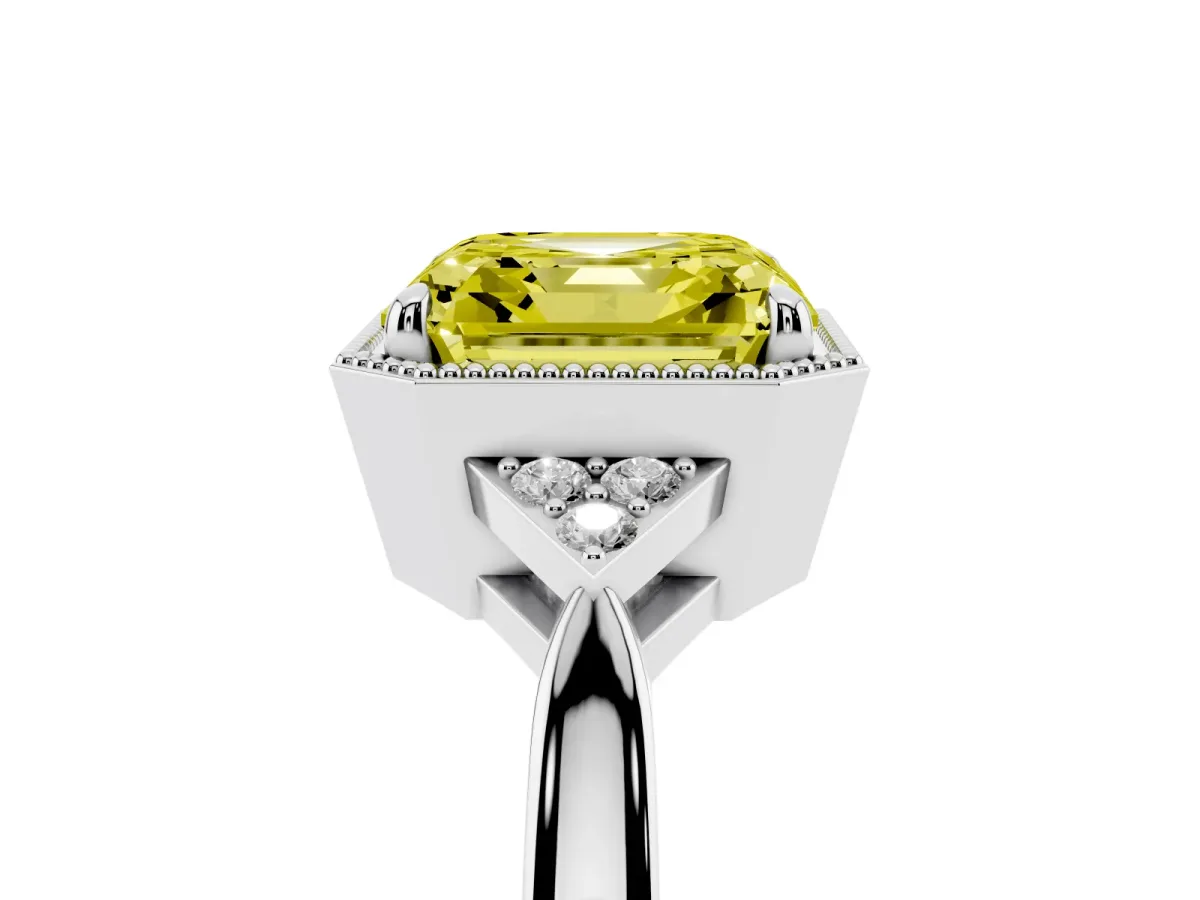 Fancy Yellow Hexagonal Halo Asscher Cut Diamond Solitaire with Pavé Band and Four-Prong Setting Platinum