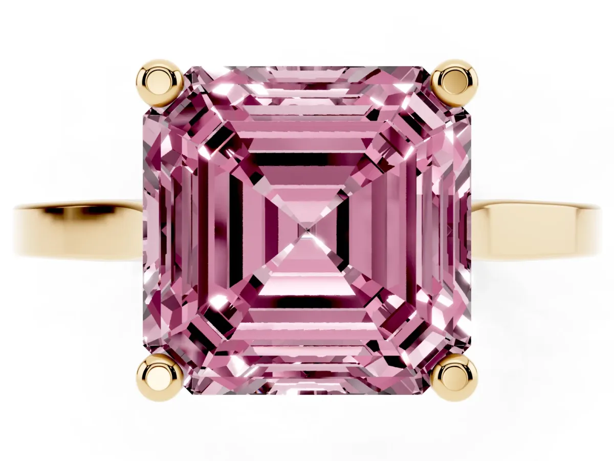 Fancy Pink Asscher Cut Solitaire Diamond Ring with Four-Prong Setting and Tapered Band Yellow gold