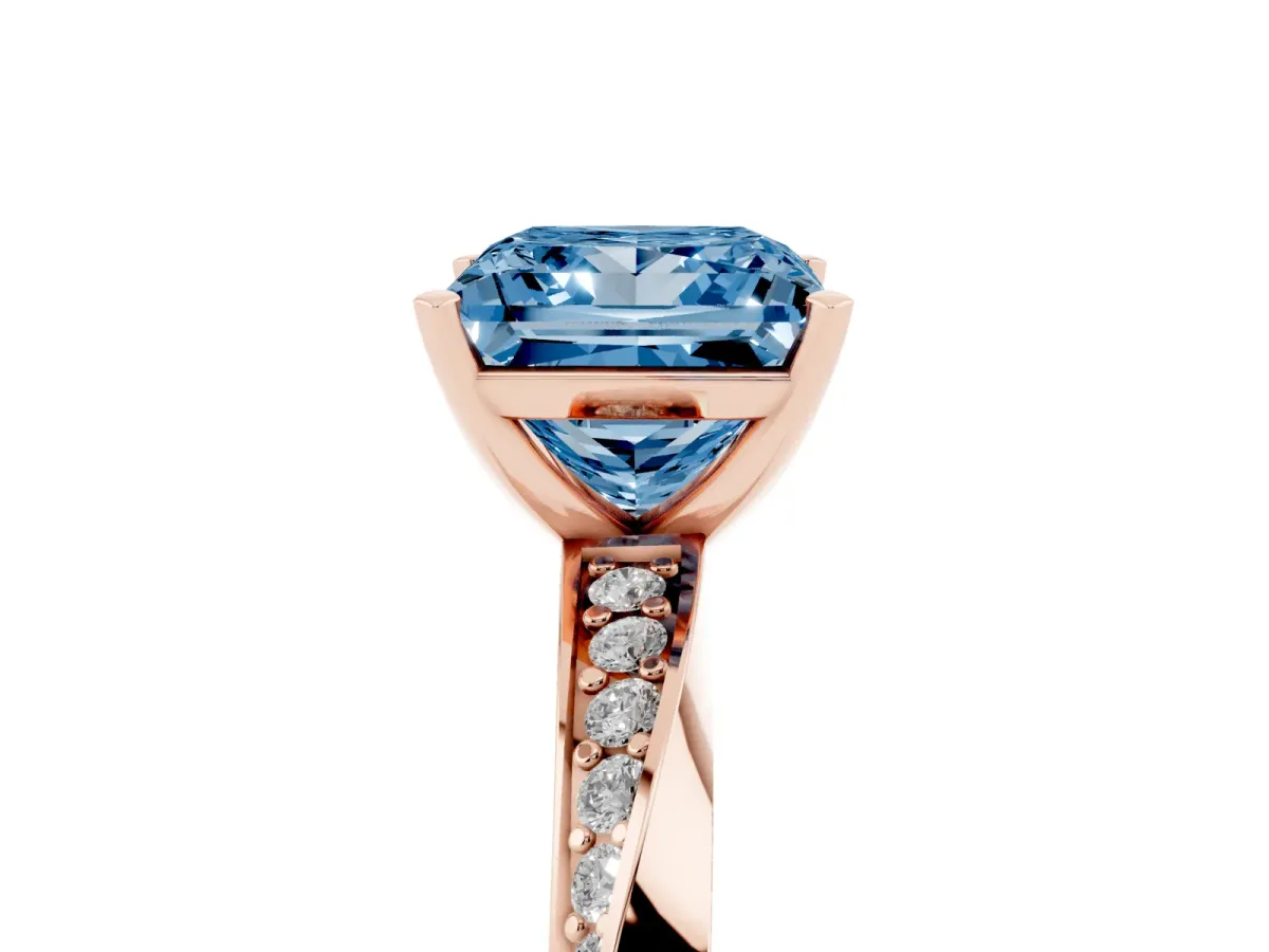 Fancy Blue Princess Cut Diamond Engagement Ring with Side Stone Accents and Four-Prong Setting Rose gold
