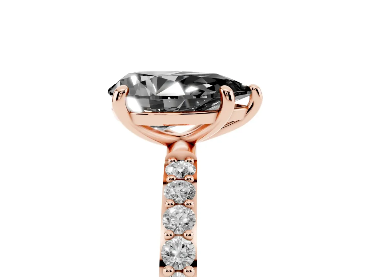 Fancy Black Pear Cut Diamond Solitaire Ring with Round Pavé Band and Prong Setting Rose gold