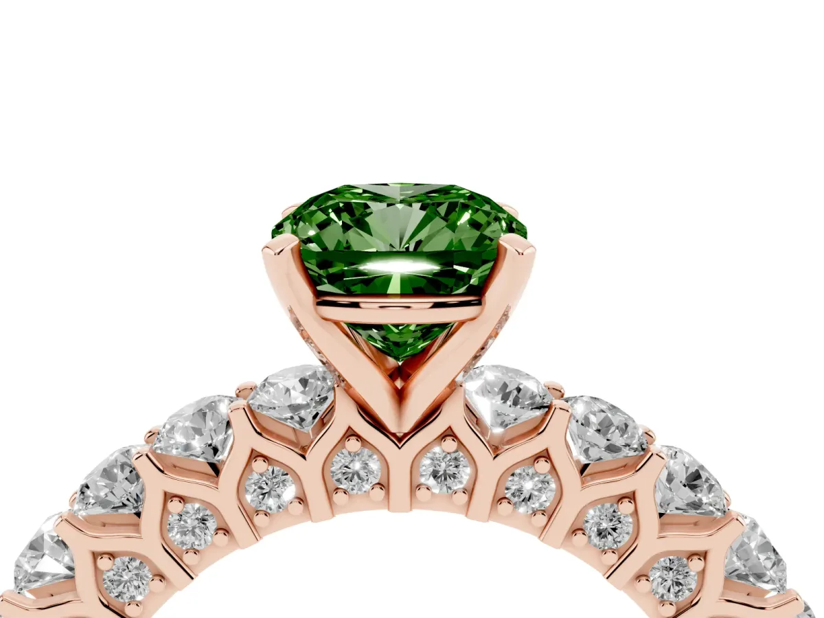 Fancy Green Cushion Cut Diamond Solitaire Ring with Shared Prong Pavé Band and Four-Prong Setting Rose gold