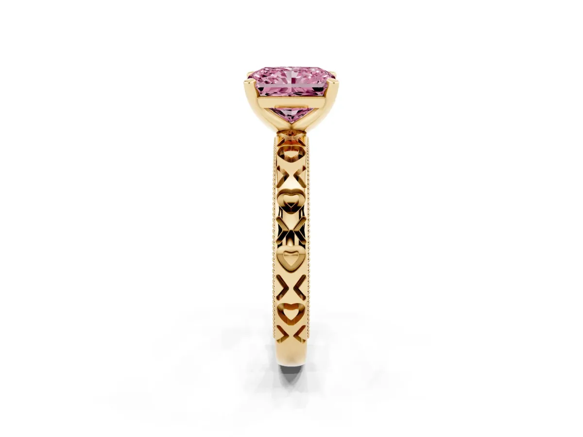 Fancy Pink Radiant Cut Solitaire Diamond Engagement Ring with XO Engraved Band and Four-Prong Setting Yellow gold