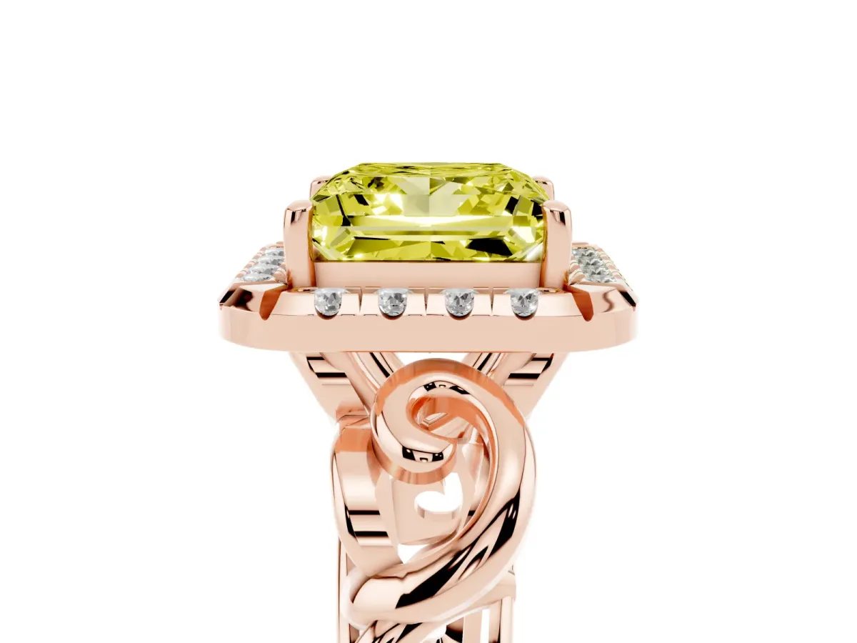 Fancy Yellow Princess Cut Cut Halo Diamond Ring with Scrollwork Band and Four-Prong Setting Rose gold