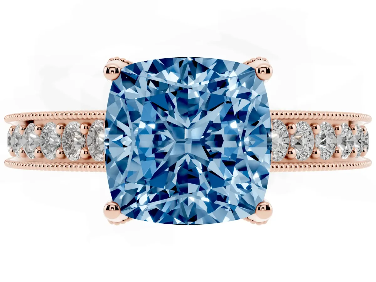 Fancy Blue Cushion Cut Cut Diamond Solitaire Ring with Milgrain Pave Band and Four Prong Setting Rose gold