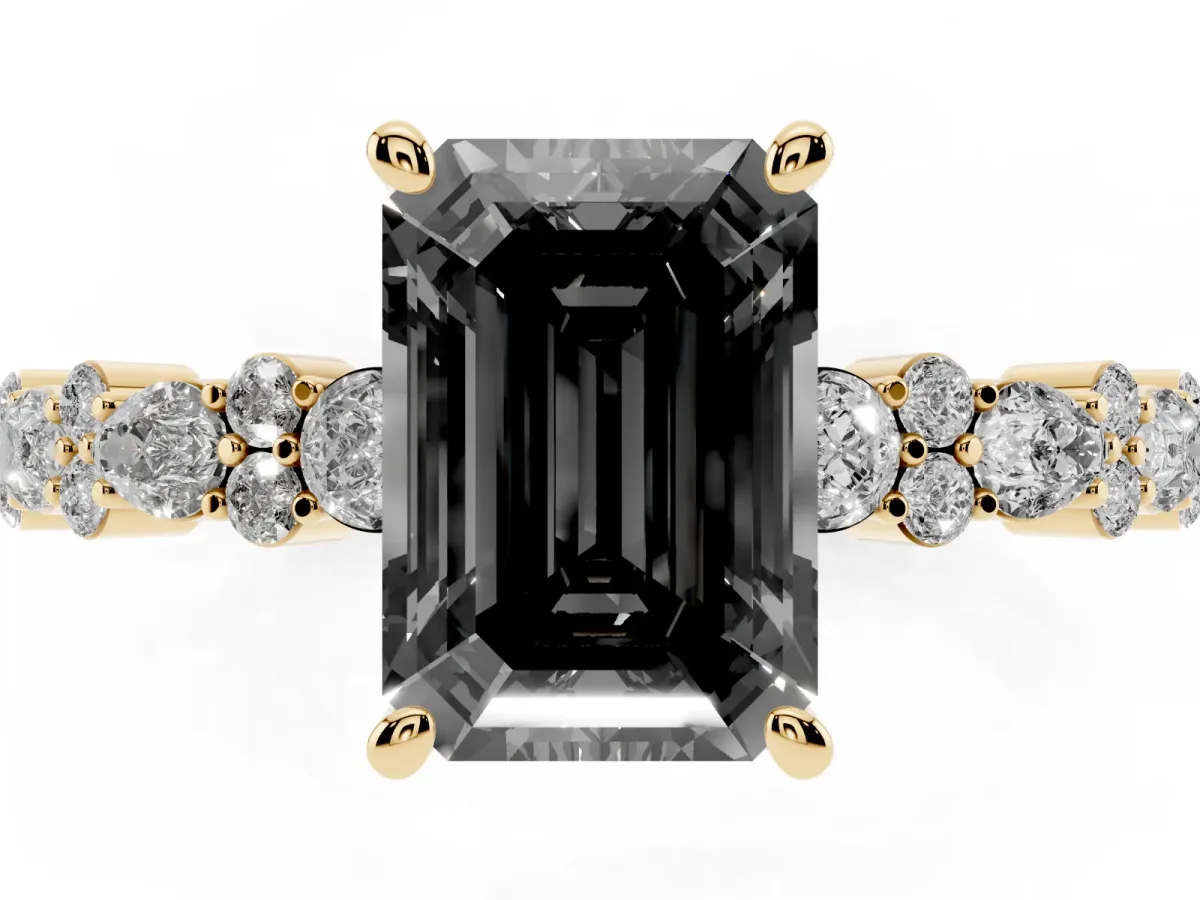 Fancy Black Emerald Cut Diamond Side Stone Solitaire Ring with Round and Four-Prong Setting Yellow gold