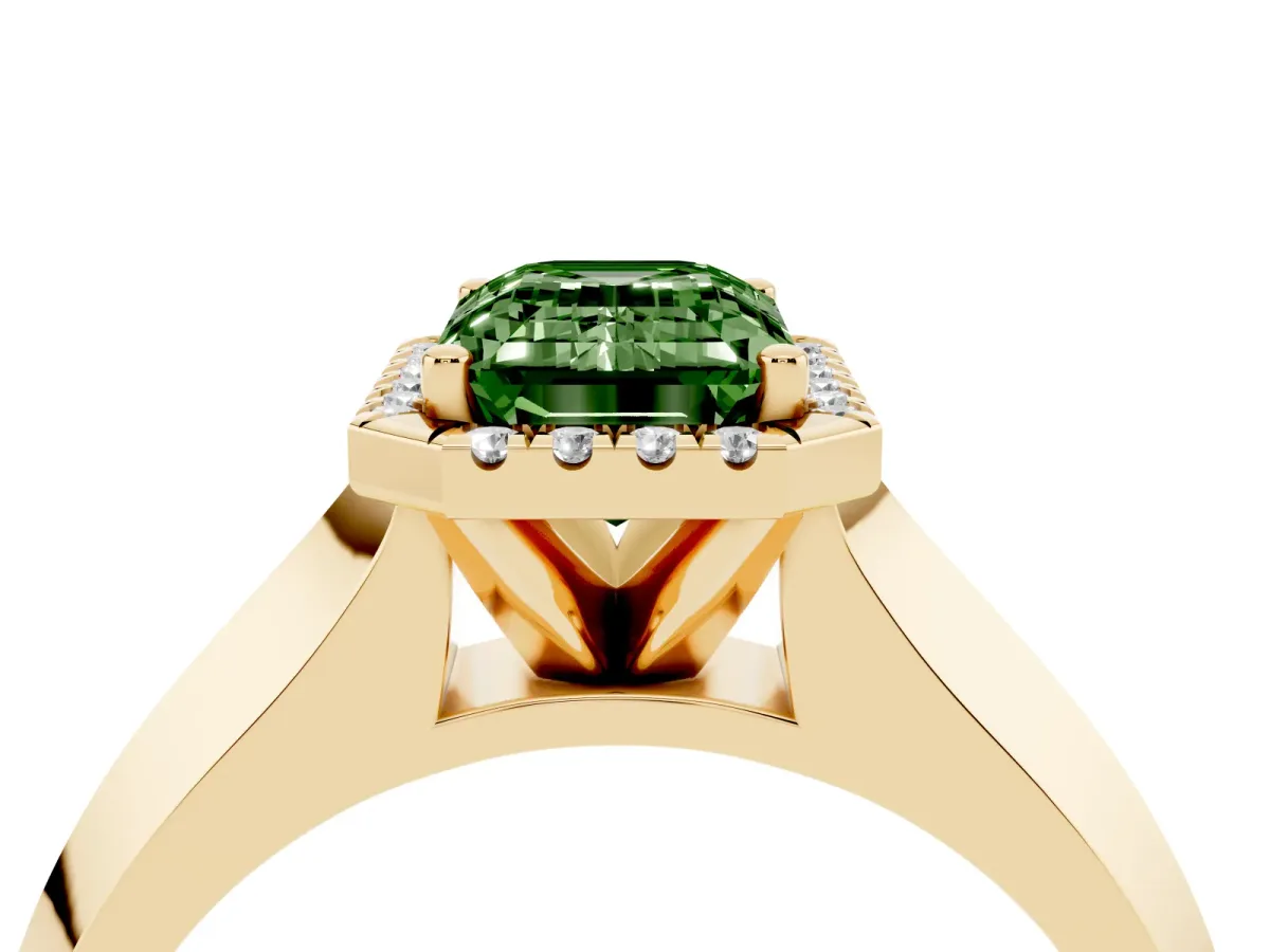 Fancy Green Emerald Cut Halo Diamond Ring with Cathedral Band and Four-Prong Setting Yellow gold