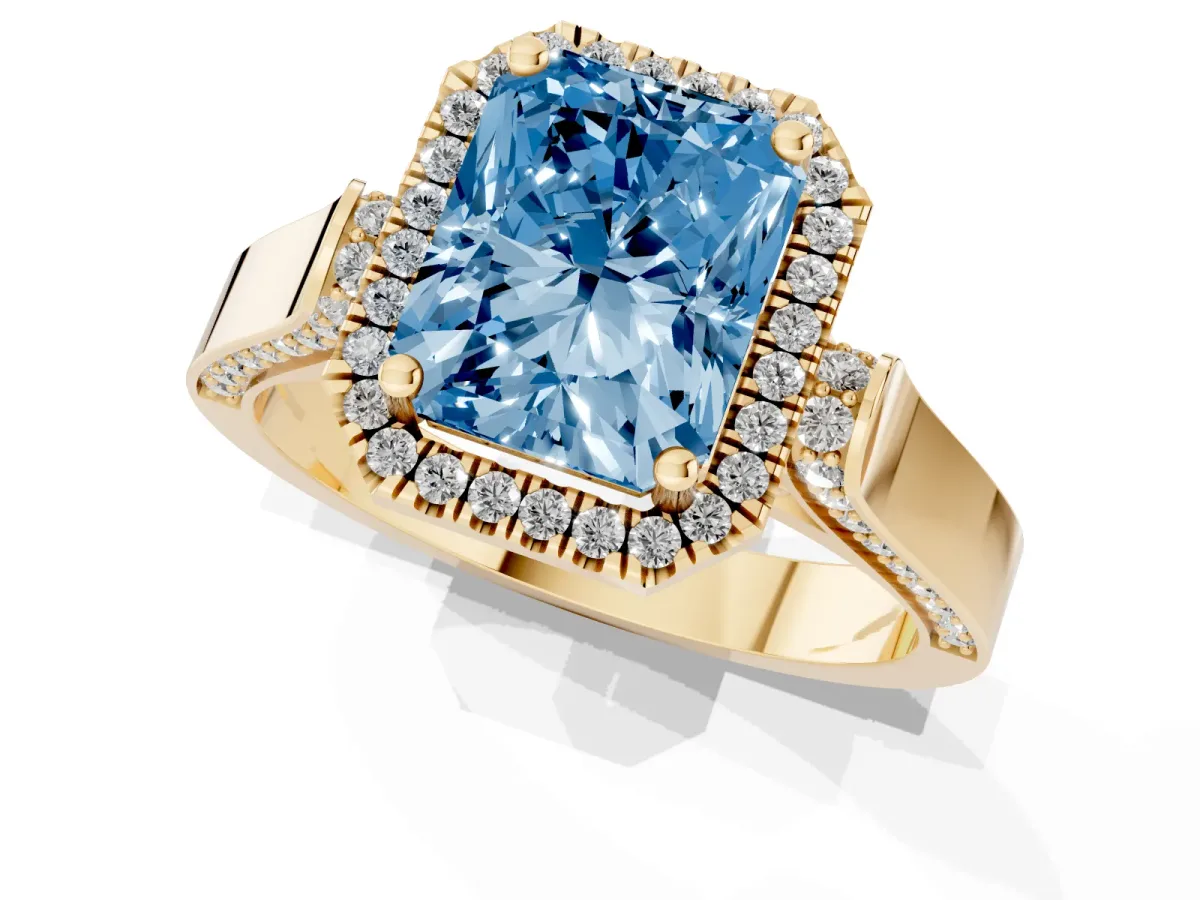 Fancy Blue Radiant Cut Halo Pave Split Shank Prong Setting Ring Yellow gold