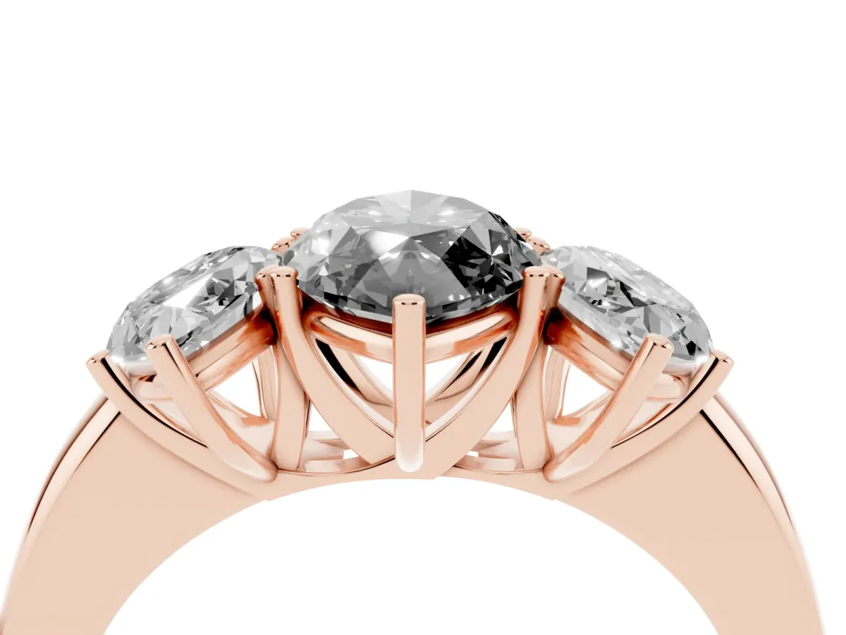 Fancy Black Marquise Cut Diamond Three-Stone Ring with Four-Prong Setting and Classic Band Rose gold