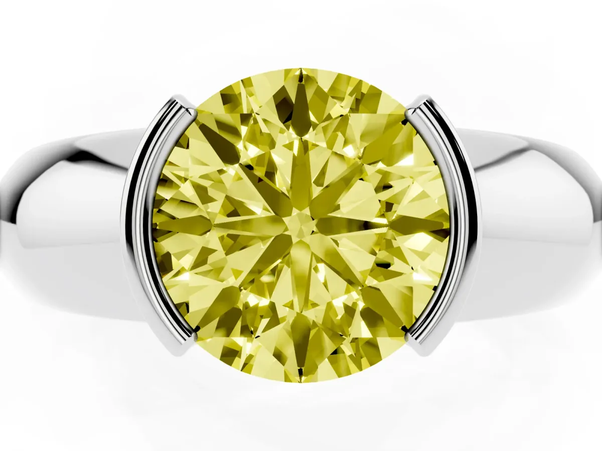 Fancy Yellow Round Cut Solitaire Tension Set Diamond Ring with Wide Band Platinum