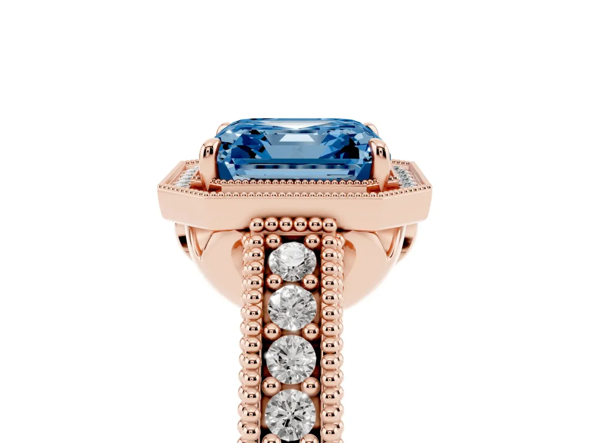 Fancy Blue Asscher Cut Cut Halo Diamond Ring with Pavé Band and Four-Prong Setting Rose gold