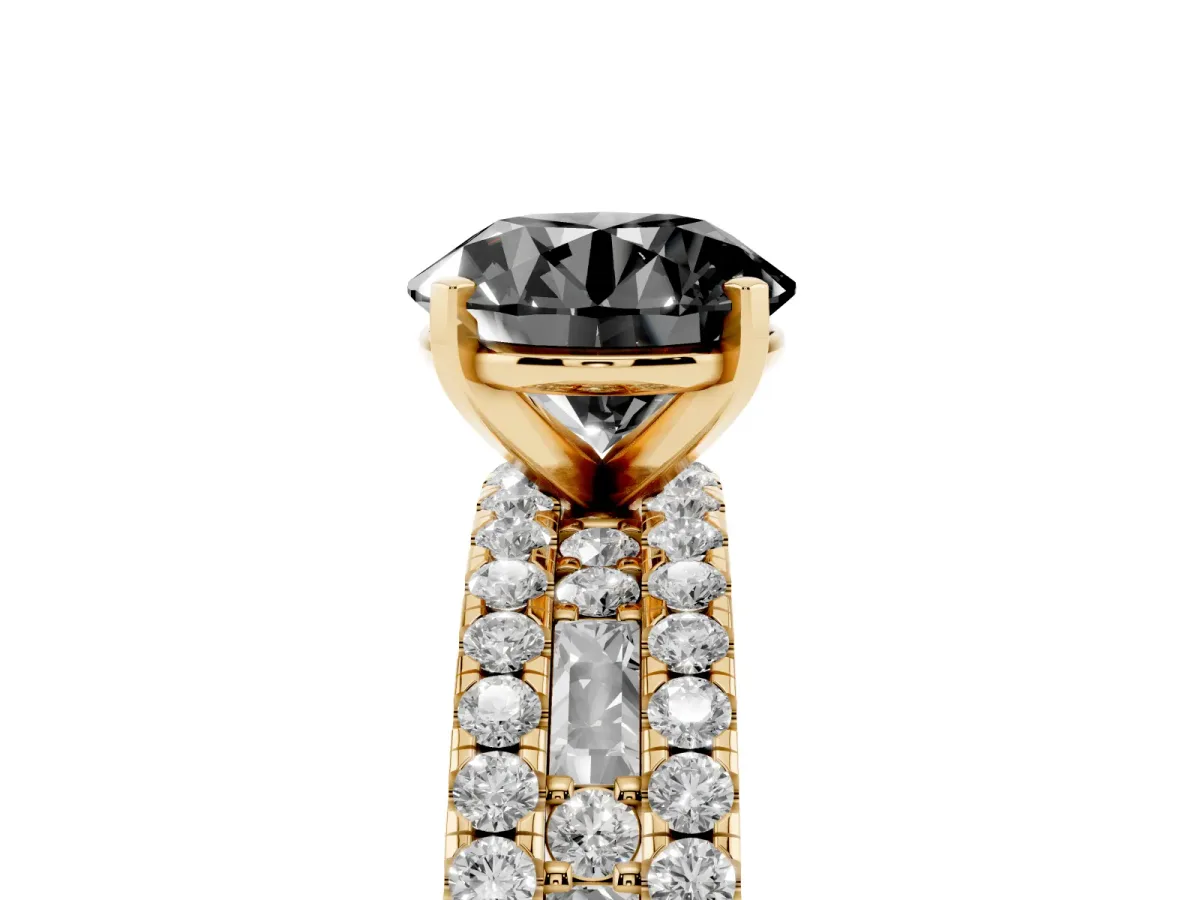 Fancy Black Round Cut Diamond Solitaire Ring with Pavé and Channel Set Band Yellow gold