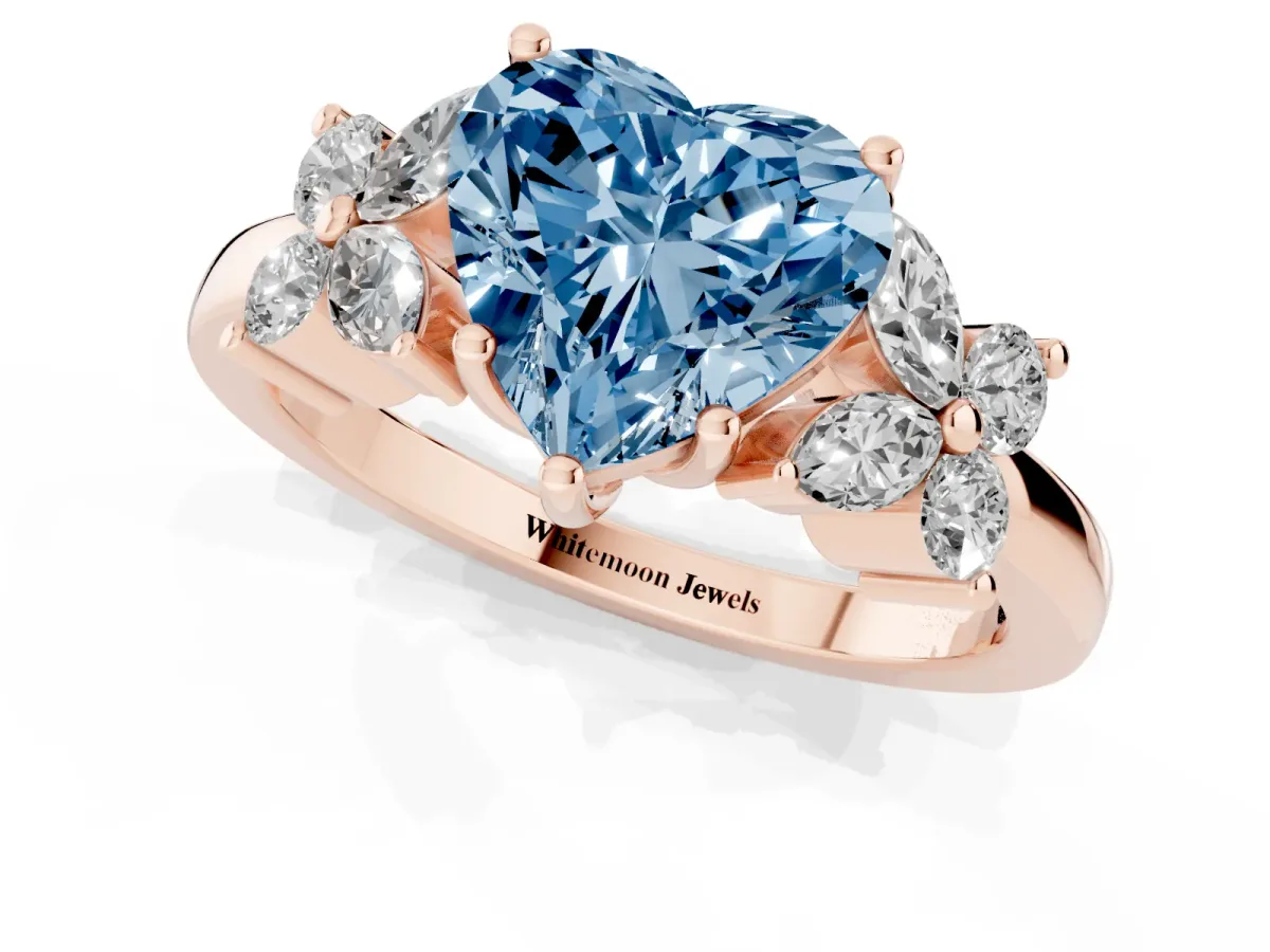 Fancy Blue Heart Cut Diamond Floral Cluster Ring with Solitaire Band and Prong Setting Rose gold