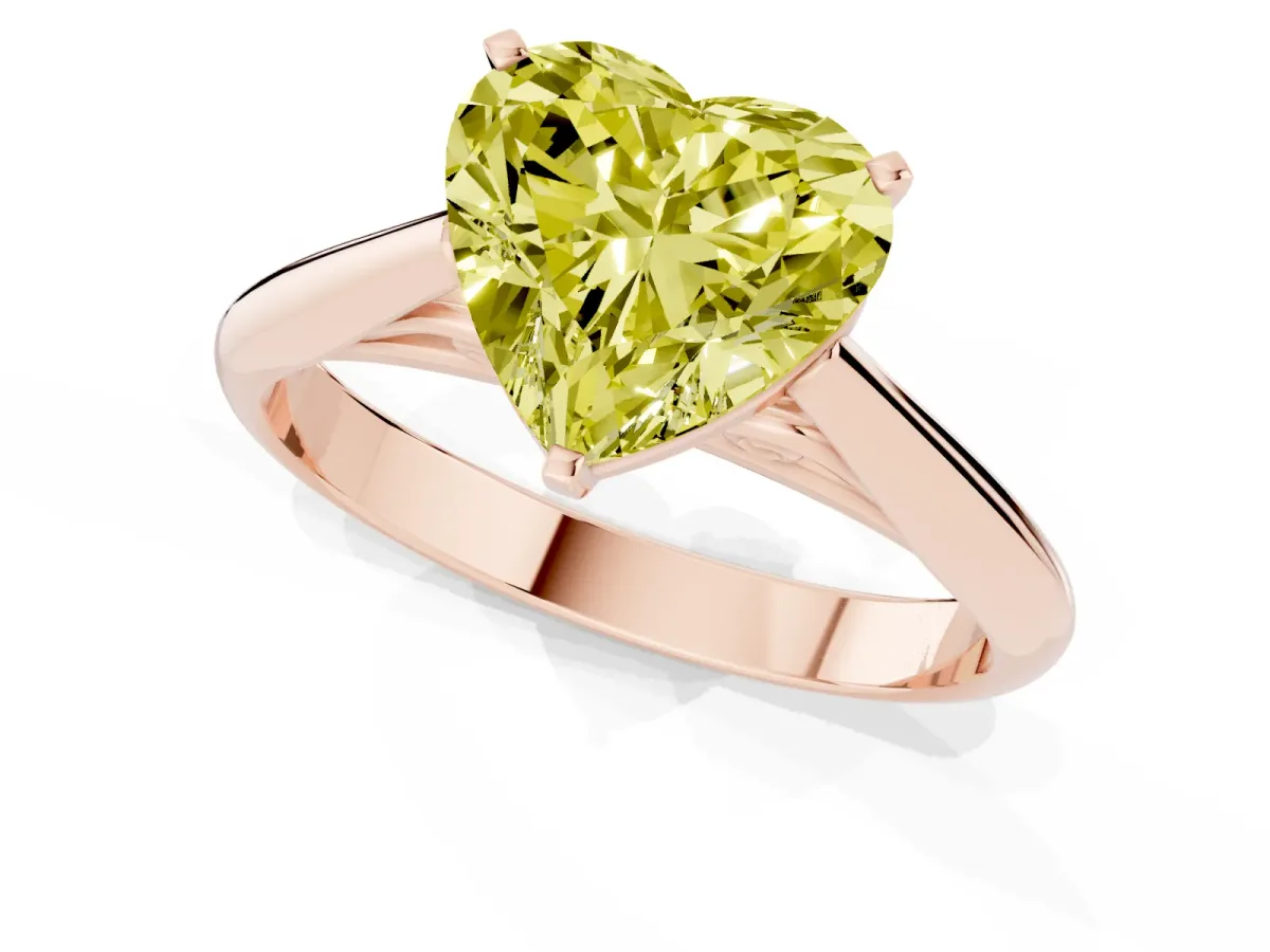 Fancy Yellow Heart Cut Diamond Solitaire Engagement Ring with Cathedral Setting and Four-Prong Mount Rose gold