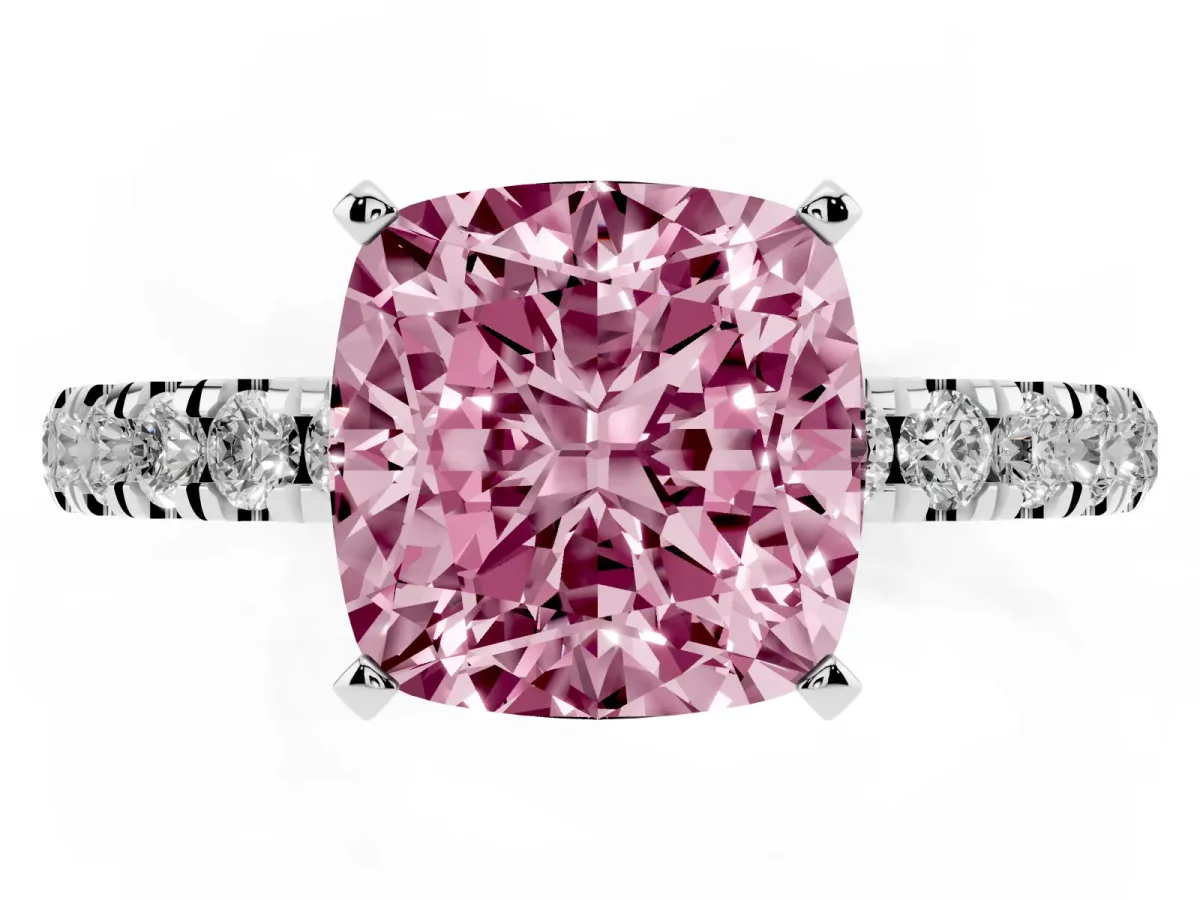 Fancy Pink Cushion Cut Diamond Solitaire Ring with Pavé Accents and Four-Prong Setting White gold