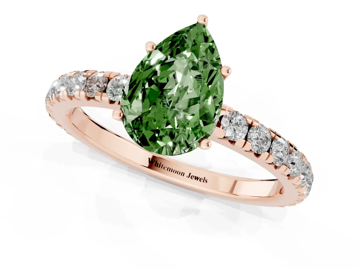 Fancy Green Pear Cut Diamond Pavé Solitaire Engagement Ring with Four-Prong Setting Rose gold
