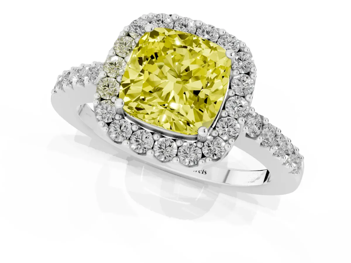 Fancy Yellow Cushion Cut Halo Diamond Pavé Solitaire Ring Platinum