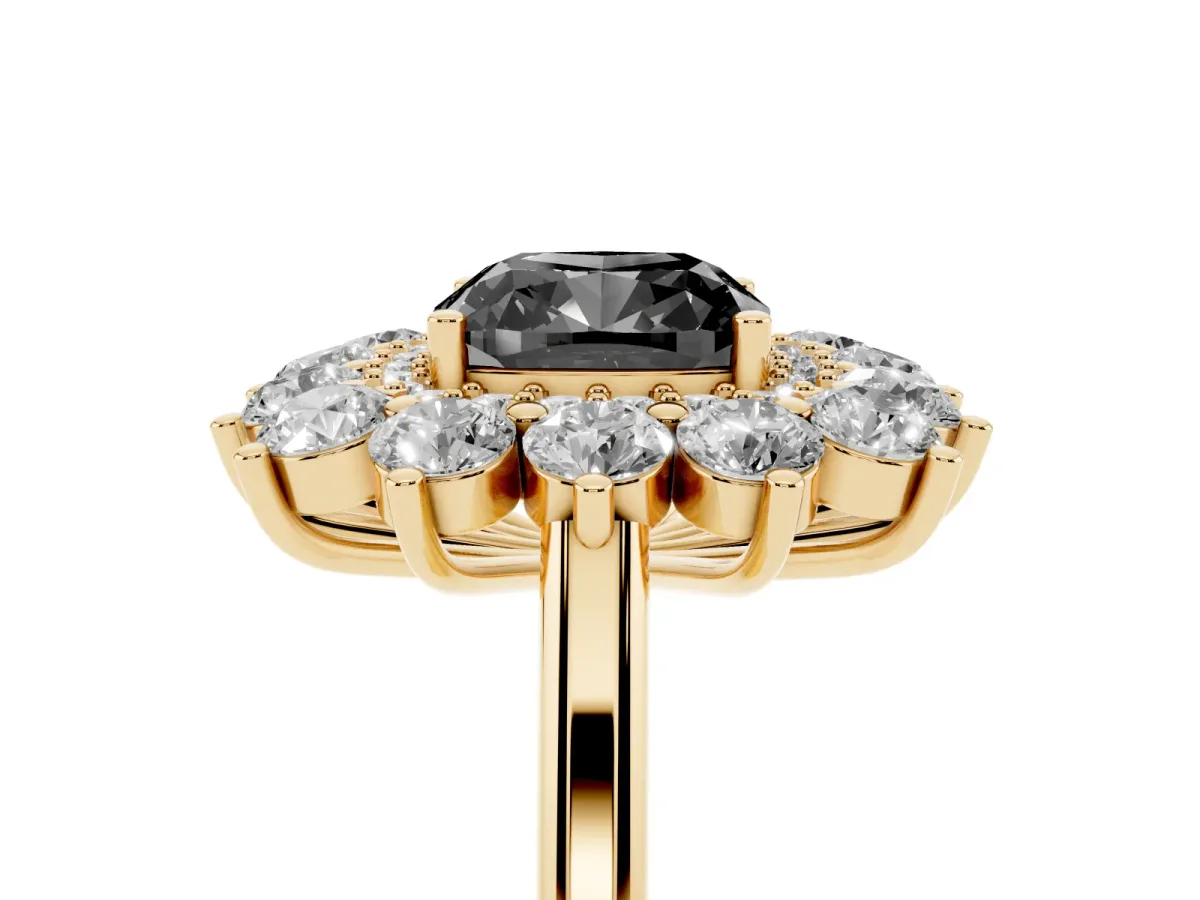 Fancy Black Cushion Cut Diamond Floral Double Halo Engagement Ring with Prong Setting Yellow gold