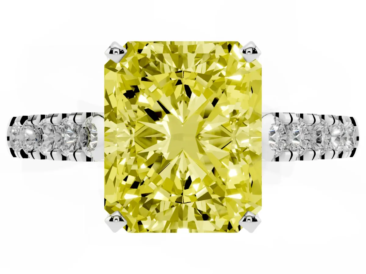Fancy Yellow Radiant Cut Diamond Pavé Band Solitaire Ring with Prong Setting Silver