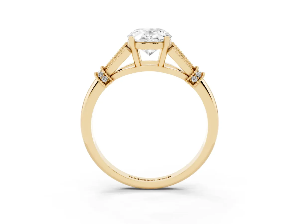 Oval Cut Diamond Solitaire Ring with Floral Filigree and Pave Accents Yellow gold