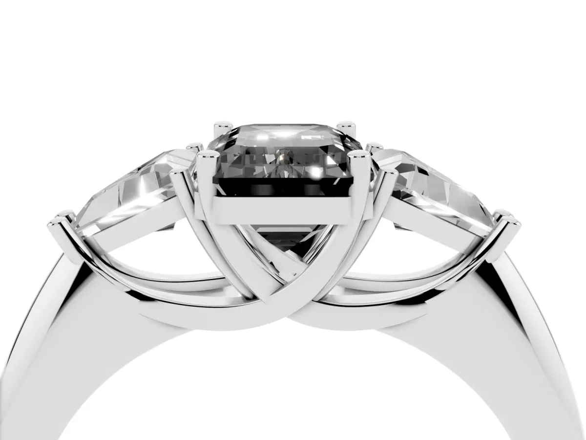 Fancy Black Three-Stone Emerald Cut Diamond Engagement Ring with Trillion Side Stones and Prong Setting Silver