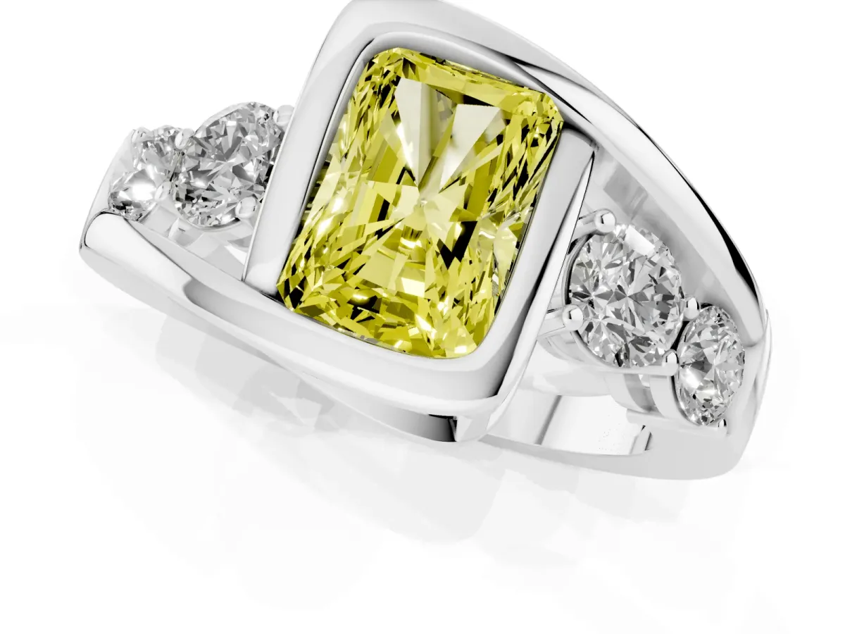 Fancy Yellow Bezel Set Radiant Cut Diamond Bypass Ring with Round Accents Silver