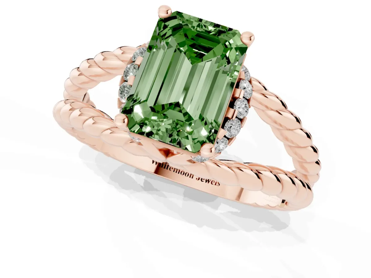 Fancy Green Emerald Cut Halo Twisted Band Four-Prong Ring Rose gold
