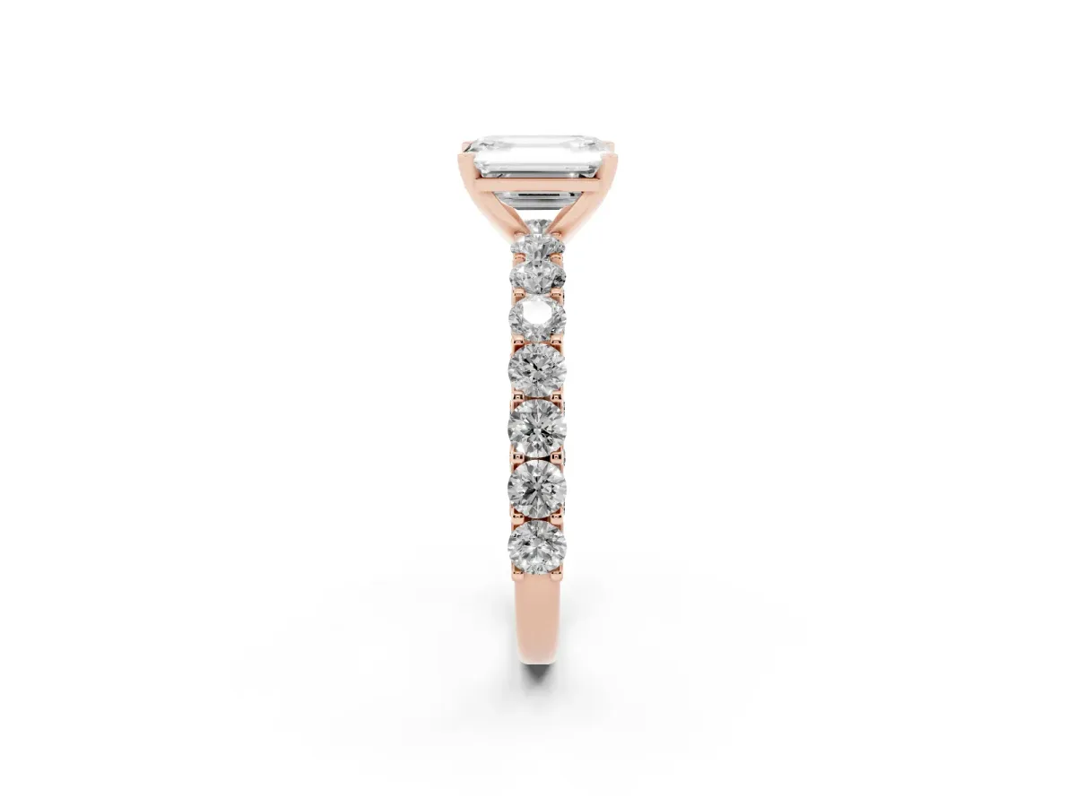 Emerald Cut Diamond Solitaire Ring with Shared Prong Pavé Band and Four-Prong Setting Rose gold