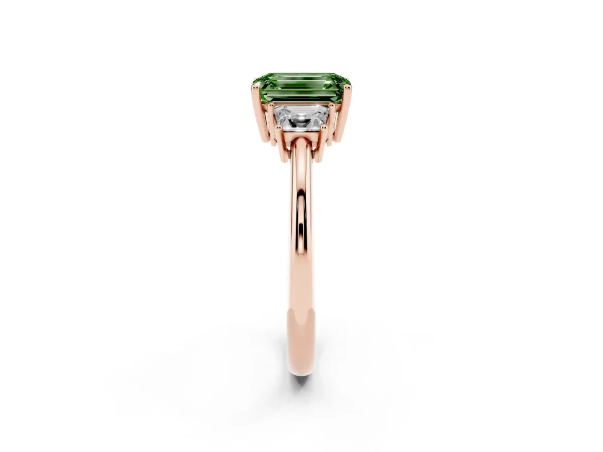 Fancy Green Emerald Cut Diamond Three-Stone Ring with Trapezoid Side Stones and Prong Setting Rose gold
