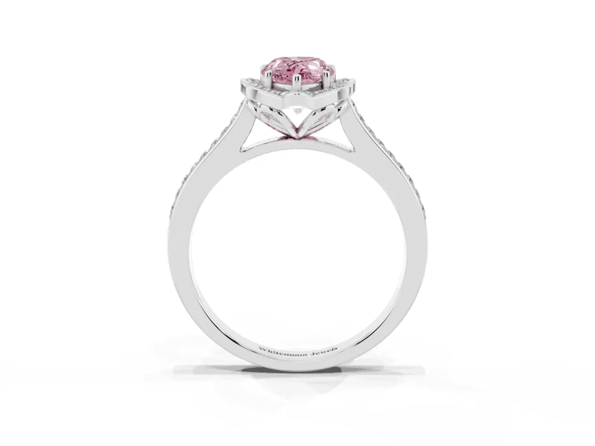 Fancy Pink Pear Cut Halo Round Diamond Pave Band with Four-Prong Setting White gold