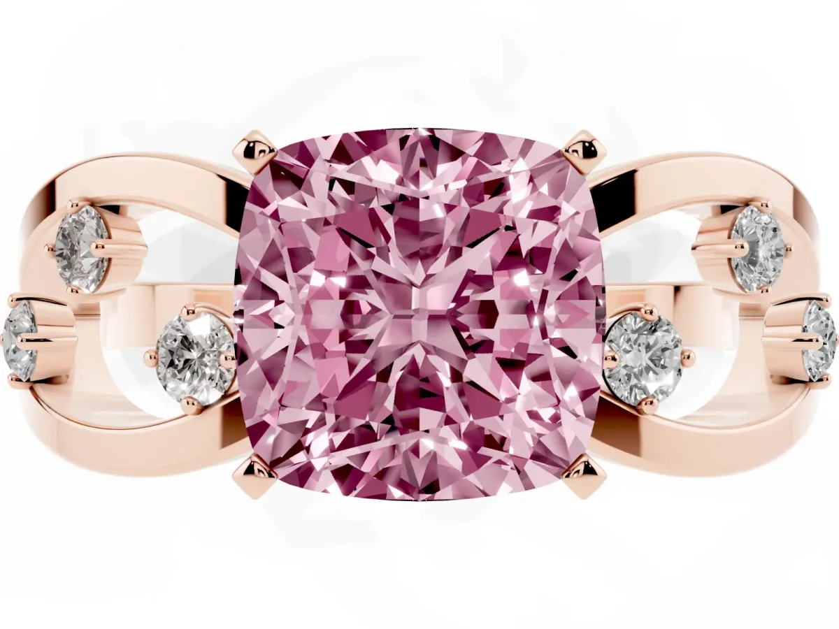 Fancy Pink Cushion Cut Cut Solitaire Diamond with Side Stones on Criss-Cross Band and Four-Prong Setting Rose gold