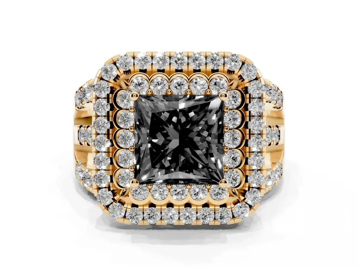 Fancy Black Princess Cut Diamond Double Halo Ring with Round Pavé Split Shank and Prong Setting Yellow gold