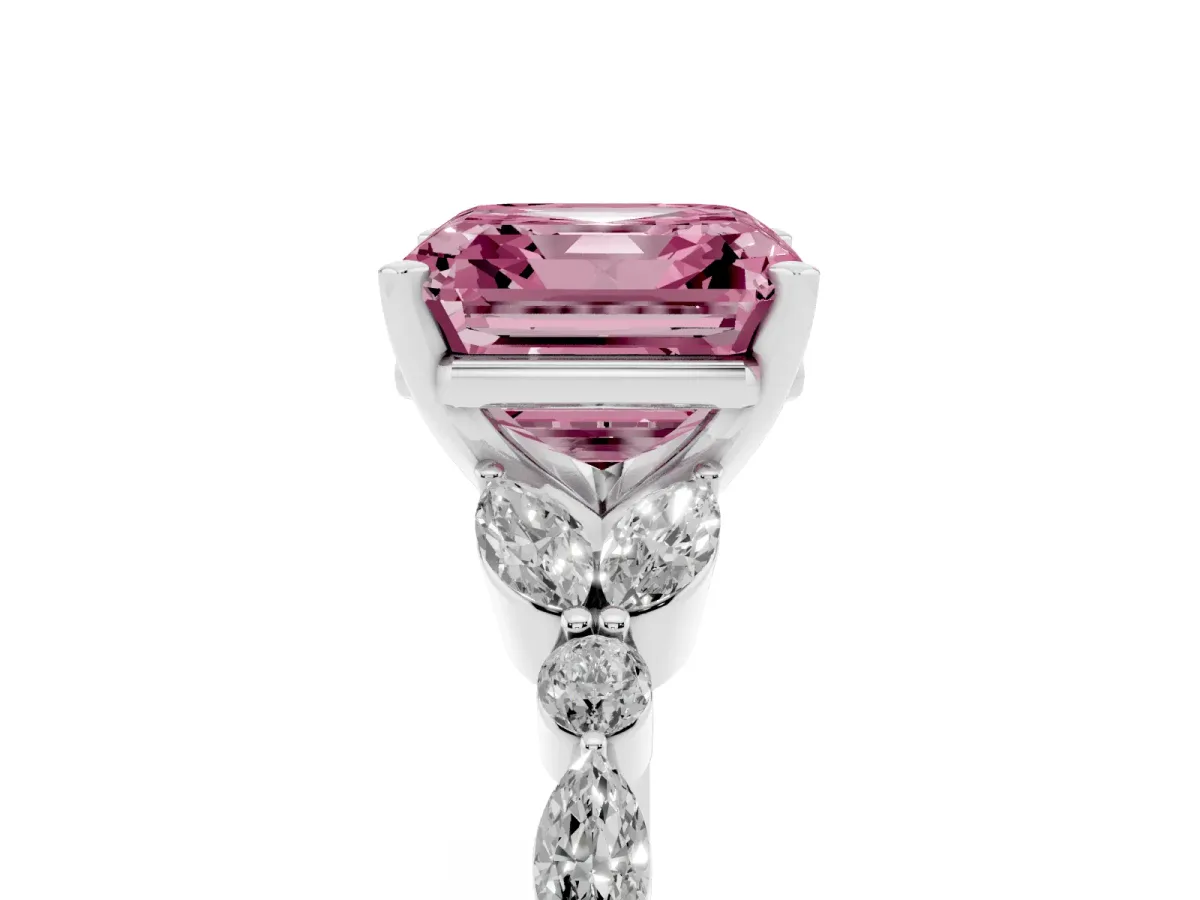 Fancy Pink Asscher Cut Diamond Solitaire Ring with Side Stones and Four-Prong Setting Silver