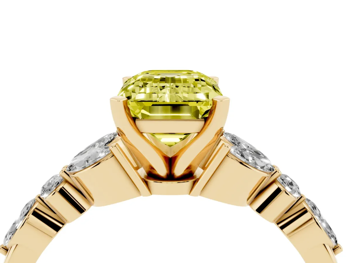 Fancy Yellow Emerald Cut Diamond Solitaire Ring with Side Stones and Four-Prong Setting Yellow gold