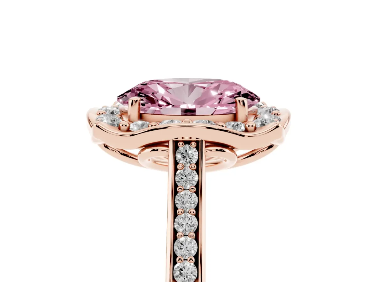 Fancy Pink Oval Cut Halo Round Diamond Pave Band with Four-Prong Setting Rose gold