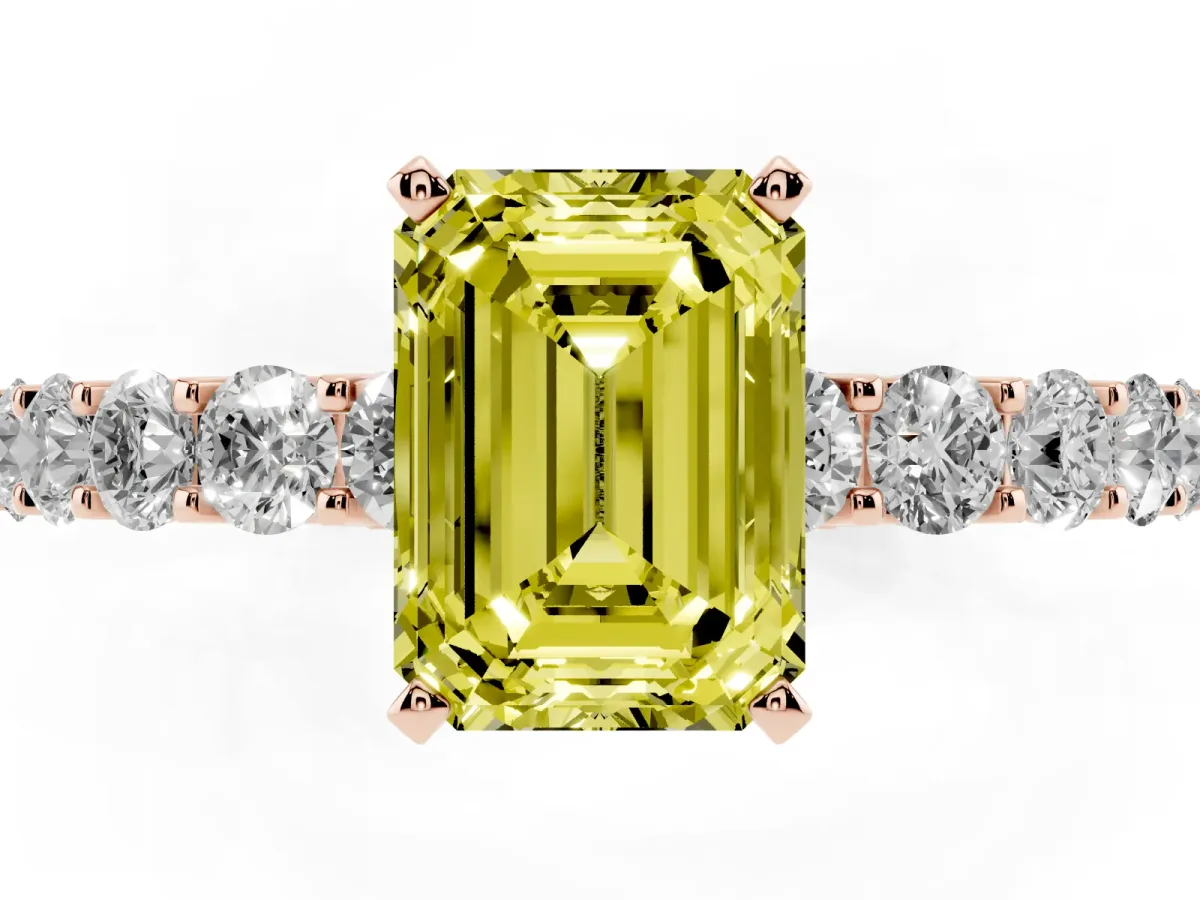 Fancy Yellow Emerald Cut Diamond Solitaire Ring with Shared Prong Pavé Band and Four-Prong Setting Rose gold